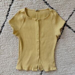 Free People Yellow Ribbed Button-Up Short Sleeve Top